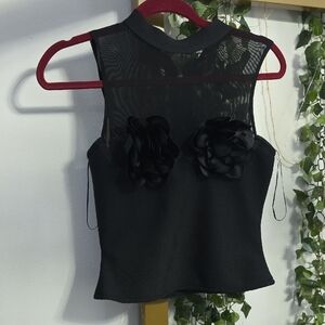 AKIRA Black Sheer Yoke Camisole with Floral Appliqués